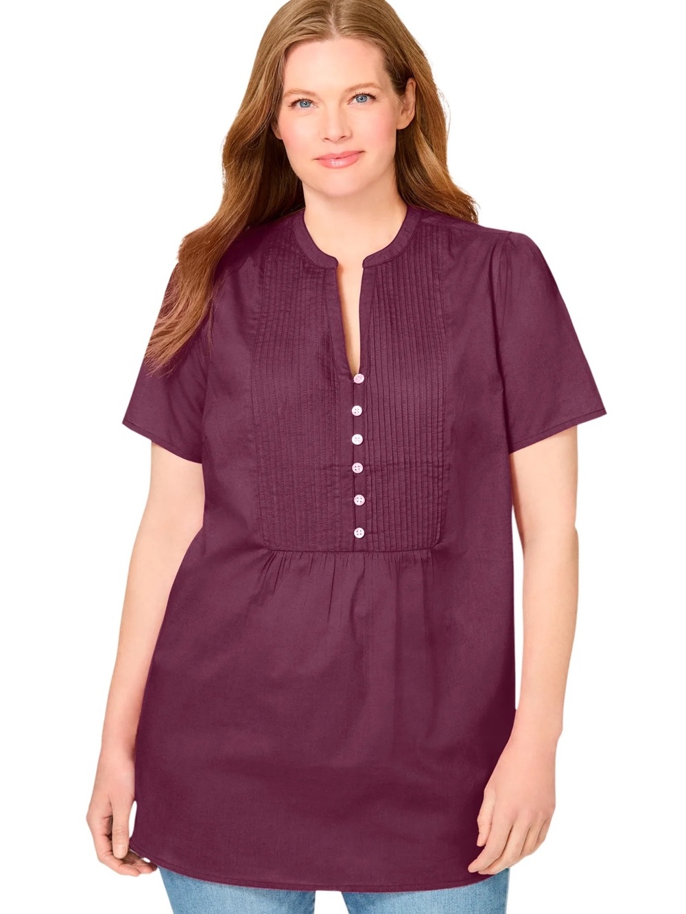 Woman Within Plum Pintuck Tunic with Button Front